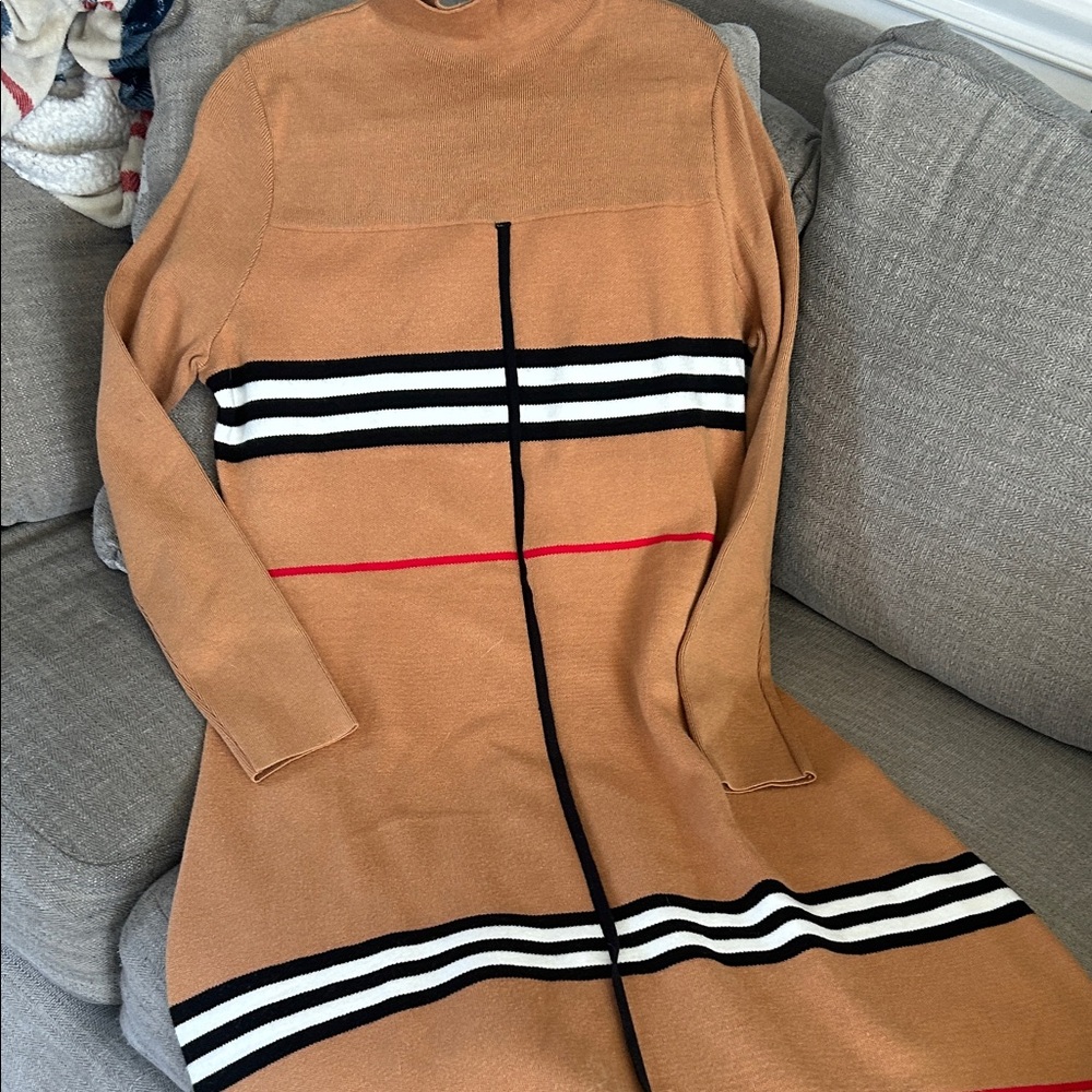 Camel Striped Knit Dress with Black & White Accents
